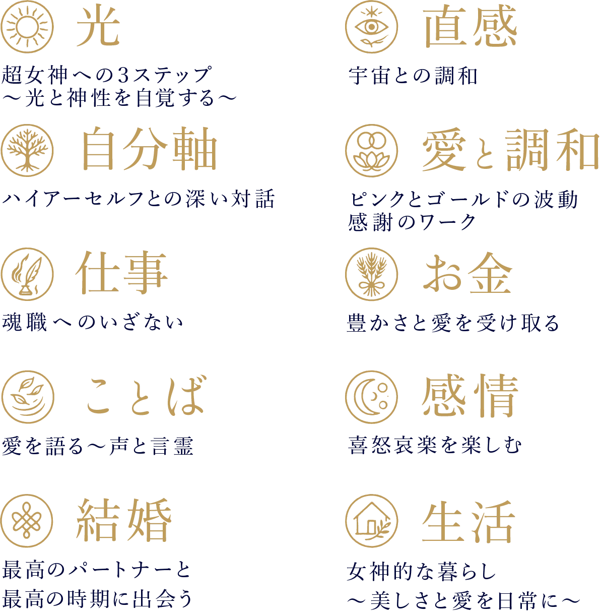 光：超女神への３ステップ～光と神性を自覚する～ ｜ 直感：宇宙との調和 ｜ 自分軸：ハイアーセルフとの深い対話 ｜ 愛と調和：ピンクとゴールドの波動〜感謝のワーク ｜ 仕事：魂職へのいざない ｜ お金：豊かさと愛を受け取る ｜ ことば：愛を語る～声と言霊 ｜ 感情：喜怒哀楽を楽しむ ｜ 結婚：最高のパートナーと最高の時期に出会う ｜ 生活：女神的な暮らし～美しさと愛を日常に～