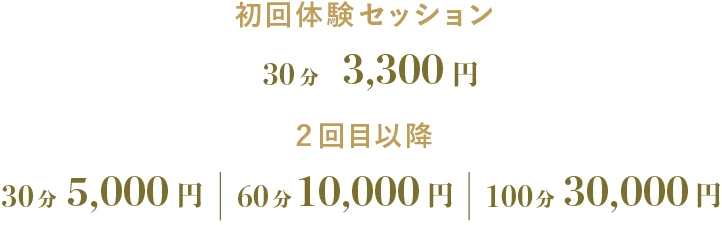 女神ヒーリング料金：初回体験セッション 3,000円(30分)/ 2回目以降：5,000円(30分)・10,000円(60分)・30,000円(100分)